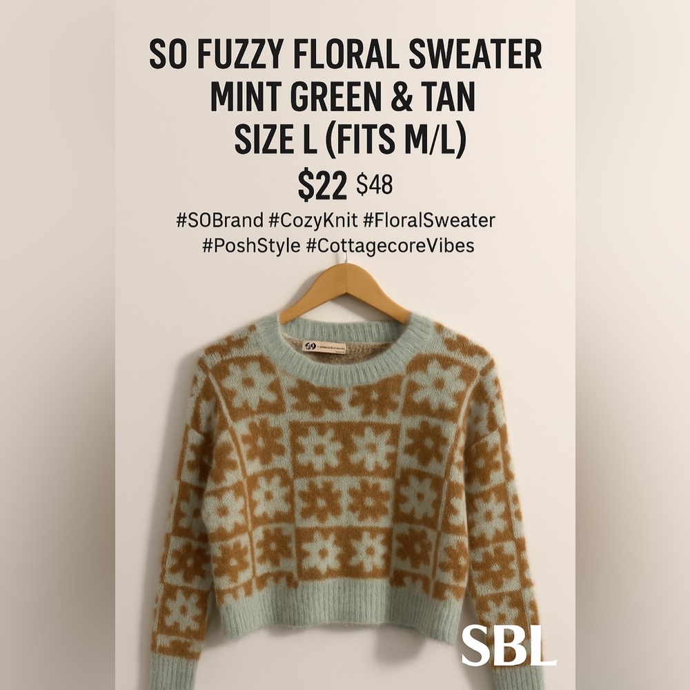 SO Fuzzy Floral Sweater Mint Green & Tan – Size L (fits M/L)❤️